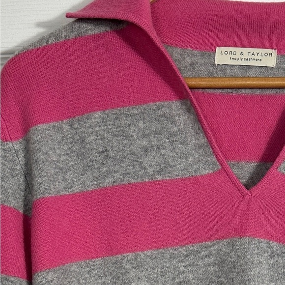 Lord & Taylor 2-ply cashmere collared v-neck top, pink/gray, no size tag - Picture 5 of 9